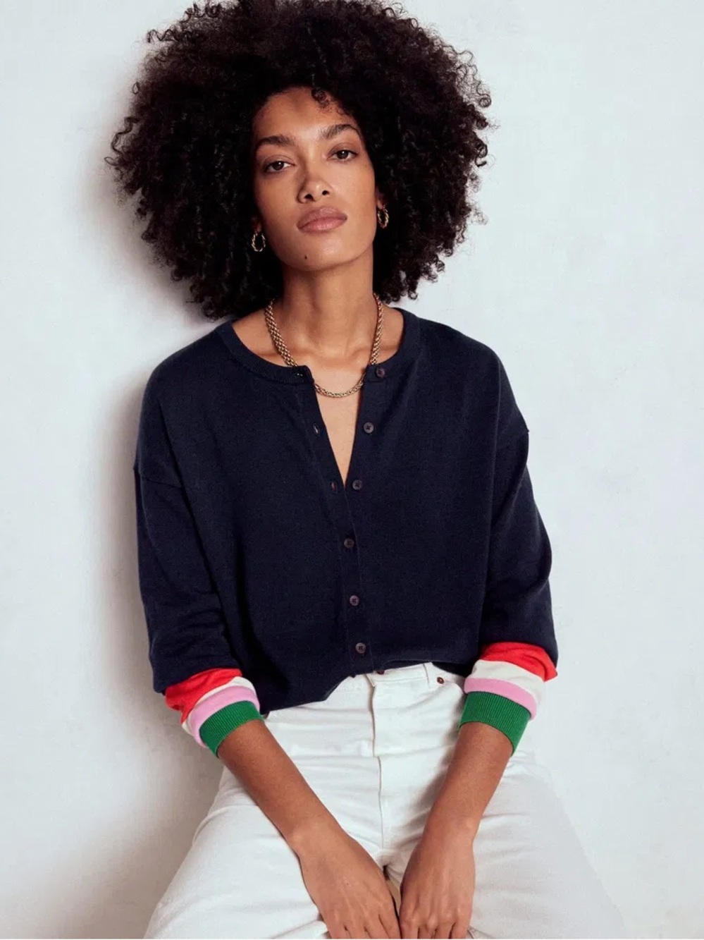 Boden Lara Relaxed Cotton Cardigan Medium Navy Blue Striped Button Front Fall